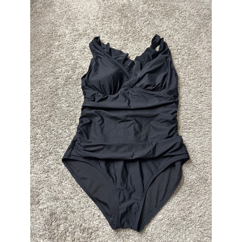 DKNY Womens Black Ruched Ruffle V-Neck One Piece Swimsuit DILEG2440 Large